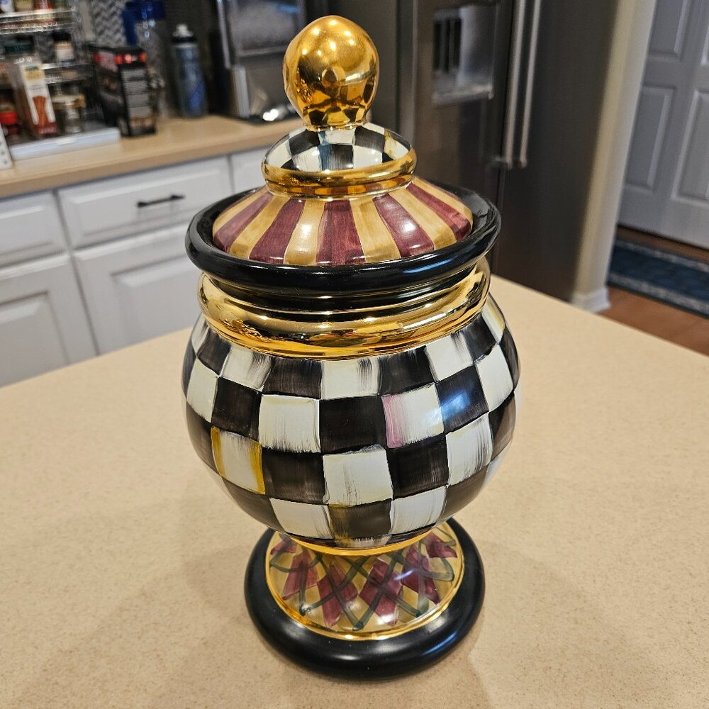 RARE MACKENZIE CHILDS ARGYLE PLAID AURORA CERAMIC GLOBE STORAGE CANISTER JAR